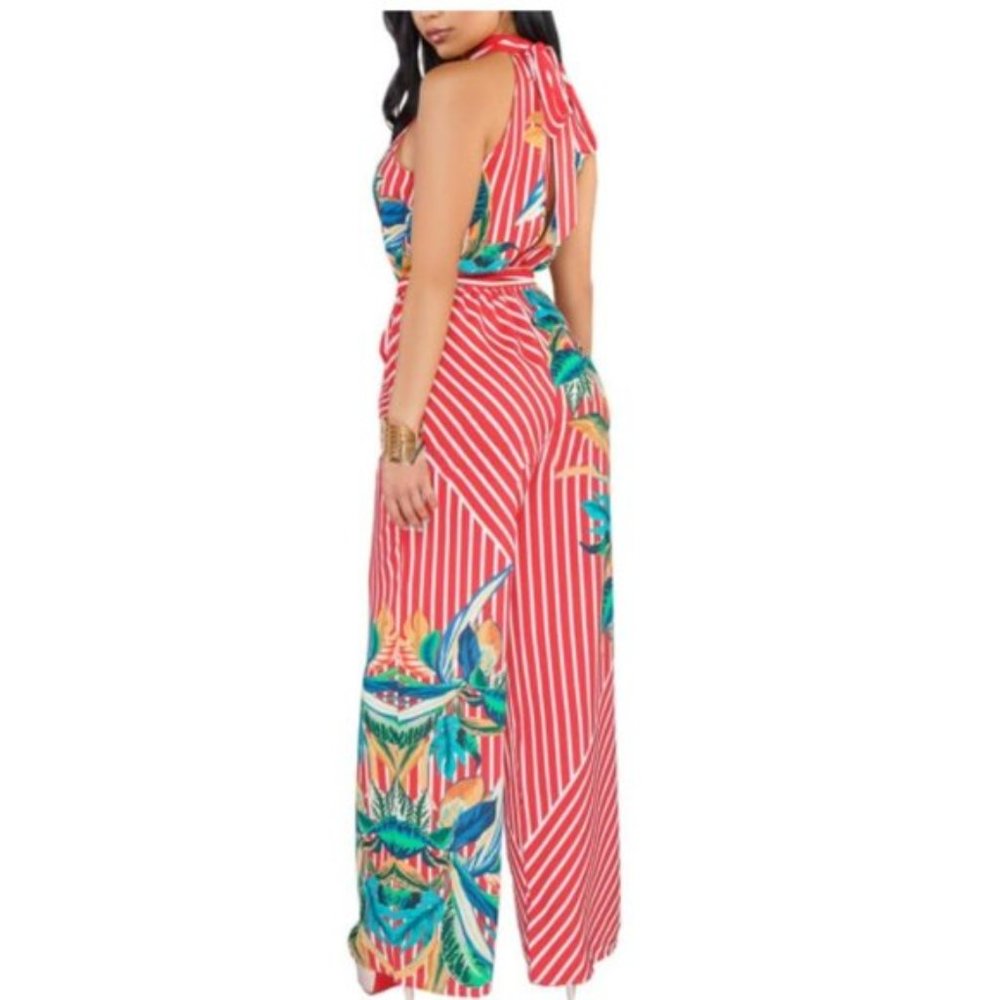 NWT High Neck Wide Leg Tie Waist Tropical Jumpsuit - Picture 5 of 6